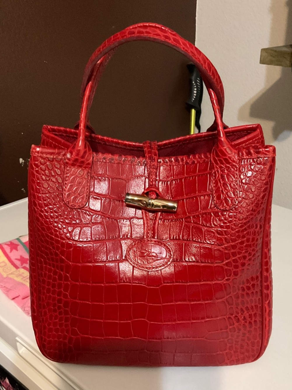 Longchamp Red Croc-Embossed Mini Tote with Gold-Tone Toggle